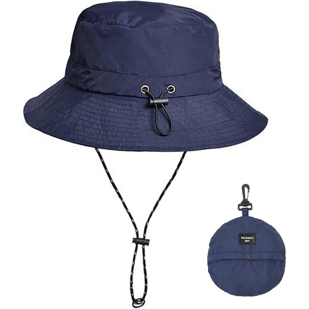 Unisex Blue Nylon Mesh Wide Brim Boonie With Chin Strap Packable Bucket Sun Hat